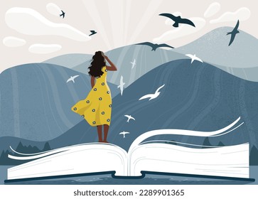 Book festival concept. Woman stand and look at birds next to mountains. Fantasy, dream and imagination. Fiction literature. International holiday. Reading and writing. Cartoon flat vector illustration