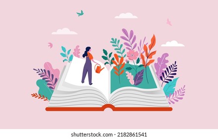 El concepto del festival del libro de las mujeres rizando el jardín y leyendo un enorme libro abierto. De vuelta a la escuela, diseño de concepto de biblioteca. Ilustración vectorial, afiche y pancarta