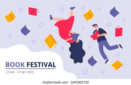 Book festival concept. Young men and women dressed in stylish clothes, flying in book space and reading. Colorful vector illustration for literary or festival writers, event promoters.