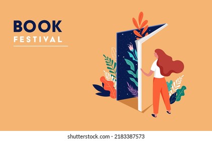 Book festival concept. Young woman opening a huge open book surrounding the many flowers, leaves, plants. Back to school, library concept design. Vector illustration, poster and banner - Shutterstock ID 2183387573