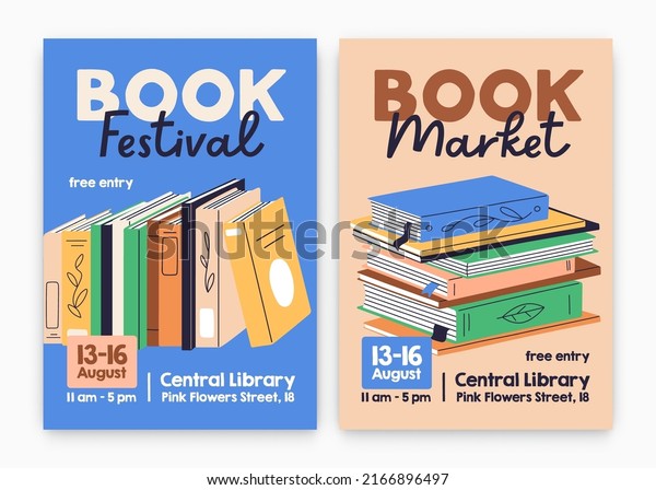 Book festival, fair ad poster designs.\
Promo flyer background templates with abstract literature for\
reading and education event in library, sale in store, bookshop.\
Colored flat vector\
illustrations