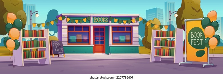 Book festival, fair, bookstore shop building exterior with shelves and balloons on street. Educational or library market promotion, sale, decorated mall, boutique facade, Cartoon vector illustration