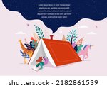 Book festival and fair concept. Little girl reading in the open huge book, opened as a home. Fantasy, adventures and Imagination concept design. Vector illustration, poster and banner 