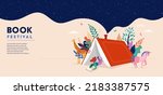 Book festival and fair concept. Little girl reading in the open huge book, opened as a home. Fantasy, adventures and Imagination concept design. Vector illustration, poster and banner 