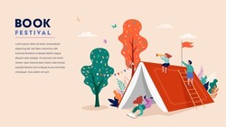 Book Festival And Fair Concept. Little Girl Reading In The Open Huge Book, Opened As A Home. Fantasy, Adventures And Imagination Concept Design. Vector Illustration, Poster And Banner 
