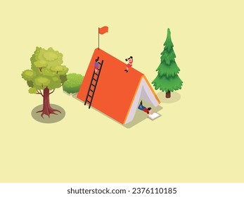 Book festival and fair concept. Little girl reading in the open huge book, opened as a home isometric 3d vector 