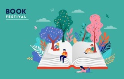 Book Festival And Fair Concept Of A Small People, Kids Reading An Open Huge Book. Back To School, Library Concept Design. Vector Illustration, Poster And Banner