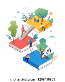 Book festival and fair concept of a small people reading a open huge book. Vector illustration, poster and banner