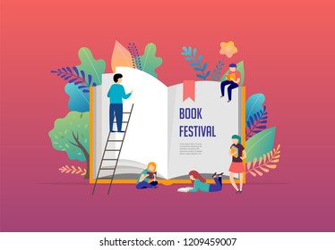 Book festival and fair concept of a small people reading a open huge book. Vector illustration, poster and banner