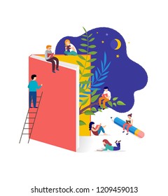 Book festival and fair concept of a small people reading a open huge book. Back to school vector illustration, poster and banner