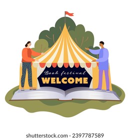 Book festival and fair concept.Fair tent with people invitation to book fair, book fairInternational literacy day, book fair or festival. Isolated flat vector Illustration, poster and banner