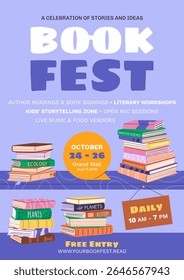 Book festival or fair vertical poster for advertising, promotion. Piles of various books on bookshelves. Hand drawn banner, flyer design for educational events, World Book Day, Back to School concepts