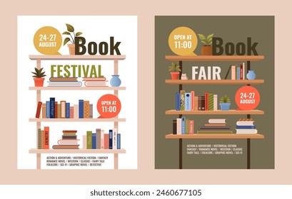 Book festival or fair vertical posters for advertising, promo, invitation, sale. Shelves with various books. Set of vector multicolored banners. Education and fun event concept. World book day.