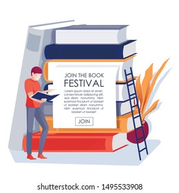 Book Festival Holiday Invitation Flat Text Banner. Cartoon Man Standing near Giant Paper Editorial Stack and Reading. Library Day. Education and knowledge. Joint to Celebration. Vector Illustration