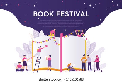 book festival illustration vector concept, people work for book festival, open big book with colourful flag for party and festival