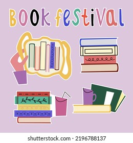 Book festival illustrations stickers. Colorful vector illustration for festivals, event promoters.