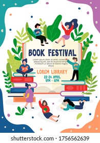 Book festival invitation or poster with address vector illustration. Invite for all wishing flat style. People around big book and greenery. Education and fun event concept