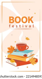 Book festival. Layout design for bookstore, library. Books with autumn bright leaves. Vector illustration
