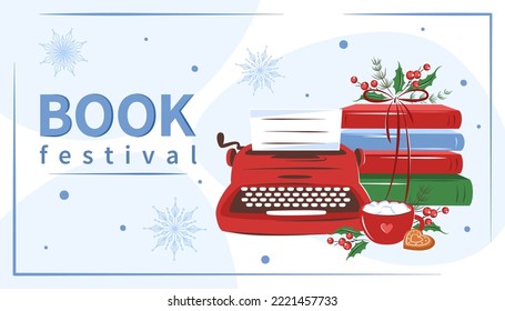 Book festival. Layout design for bookstore, library. Books with winter holiday decor. Vector illustration