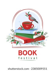 Book festival. Layout design for bookstore, library. Books with winter holiday decor. Vector illustration

