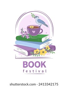 Book festival. Layout design for bookstore, library. Books with spring flowers. Vector illustration