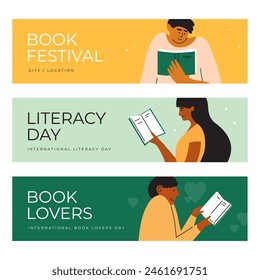 Book festival, literacy day, books lovers day vector illustration. Reading club, people read literature, diverse man and woman relax holding book in hand. School, leisure weekend activity. Banners set