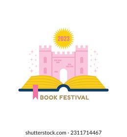Book festival logo with an open book and castle. Vector Illustration.