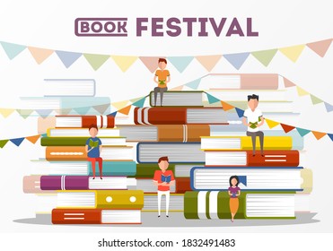 Book festival. Man and woman persons sitting on big book stacks and reading. Education, study and literature festival event poster design vector illustration