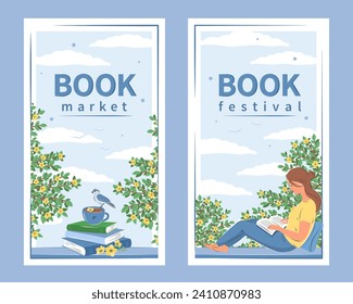 Book festival. Book market. Woman reading book and sitting at the spring window. Designs for bookstore, library, bookshop or education. Vector illustration
