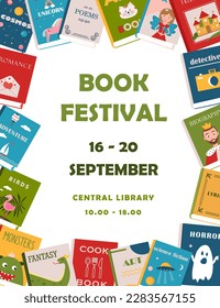 Book festival poster for advertising. Vertical poster for book fair with different books. Advertising template for bookstore,bookshop, library.