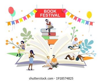 Book festival poster banner vector template. Readers diverse male and female cartoon characters reading books while walking, sitting, lying, flat style design illustration. Literature event, book fair