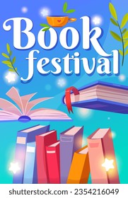 Book festival poster. Colorful festive banner with flying books and textbooks in library. Shining stars and template text. Knowledge, reading and study concept. Cartoon flat vector illustration