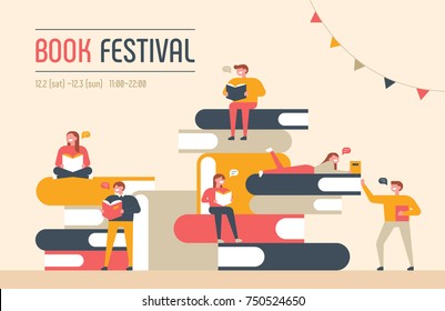 book festival poster concept of a small character reading a book and a huge book piled up.vector illustration flat design