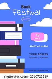 El concepto del afiche del festival del libro. Pila de libros de texto y ficción. Conocimiento e información, sabiduría. Diseño de página de inicio. Portada o banner del sitio web. Dibujo vectorial plano de dibujos animados