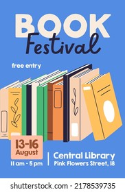 Book Festival Poster Design. Library, Bookstore Fair, Market Flyer. Promo Banner Template For Literature Club, Reading Event. Advertisement Flier Of Literary Presentation. Flat Vector Illustration