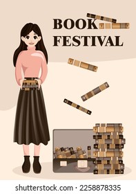 Book Festival Poster. Girl with books in her hands. Poster for books festival, education, culture festival day, library or other reading or literature event. Front view. Trendy flat vector illustratio