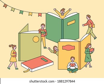 Cartel del Festival del Libro. En una biblioteca con un libro grande construido como un edificio, la gente está caminando y leyendo. estilo de diseño plano ilustración vectorial mínima.