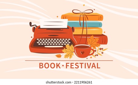 Book festival poster. Promo template with vintage typewriter, books, cup coffee or tea with autumn leaves. Banner for event in library, sale in bookshop. Vector illustration