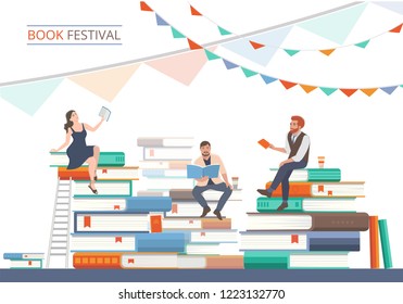 Book festival poster with stacks of  books and people characters. Literature event, bookstore advertising template. Vector illustration in flat style.