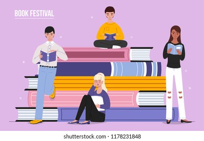 Book festival poster vector illustration of students girls and boys reading, leaning and sitting on big books. Flat cartoon design for library fair or education study