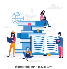 Book festival poster, vector illustration flat, small character reading a book, learning education, reading books in the library and in the classroom, University studies, Online courses.