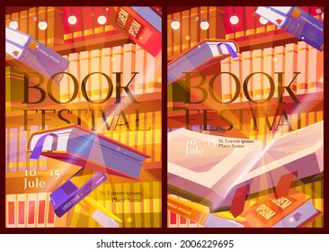 Book festival posters with library interior. Invitation flyers to event with literature presentation and fair. Vector banners with cartoon illustration of shelves and flying books