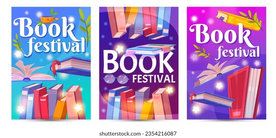 Book festival posters set. Flyers and banners with library interior, flying books or textbooks and stars. Knowledge, reading and study. Cartoon flat vector collection isolated on white background