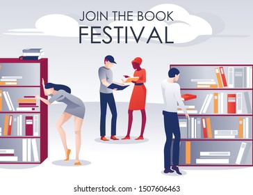 Book Festival Promotion Poster People in Library. Women and Men Reading, Looking for Paper Editorial, Discussing Previously Read. Writers, Fans in Library, Bookstore, Athenaeum. Vector Illustration