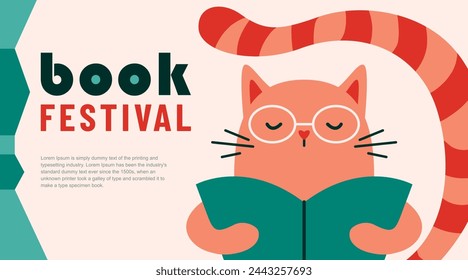 Book festival vector illustration background. Red cat wearing glasses with big striped tail, holding open book and reading. Poster for education, culture day, library, reading or literature event.