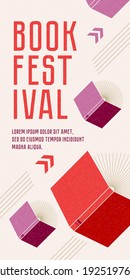 Buchfestival. Vertikales Banner oder Poster. Offene Bücher, die mit Pfeilen fliegen. Konzept. Vektorminimalistischer Hintergrund mit Texturen. Design-Vorlage für eine Bibliothek, Buchhandlung.  Streben nach Erfolg.