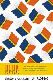 Book festival. Vertical banner or poster. Open books flying. Concept. Vector minimal background. Pattern for a library, bookstore.  Design template for education theme.