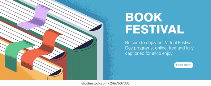 Book festival, web banner design. Literature, education and reading fest, website, internet background template for online promotion. Library, bookstore website. Flat graphic vector illustration