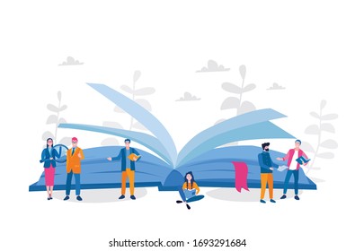 Book festival.Vector illustration for web banner, infographics, mobile. Study in library. Literature fans or lovers, student, education. Students woman and man reading, learning near big book