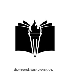 Book with fiery torch concept university education or library emblem, icon web, vector logo illustration design